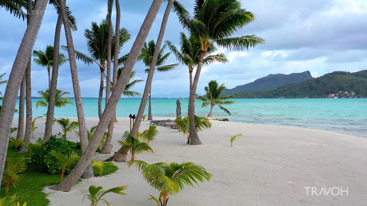 Drone Flying Over Sandbar Beach - Motu Tane Island - Bora Bora, French Polynesia - 4K Travel Video