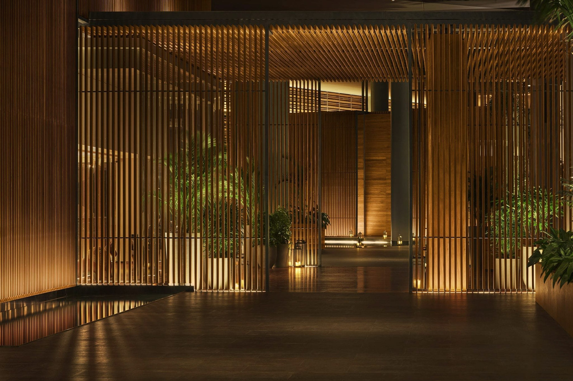 The Sanya EDITION Hotel – Sanya, Hainan, China – Lobby Teak Wood Lattice Entrance