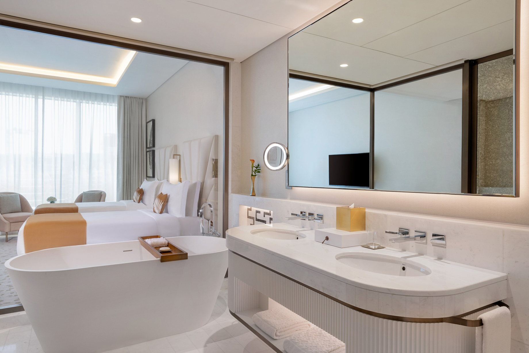 The St. Regis Dubai The Palm Jumeirah Hotel – Dubai, UAE – Guest Bathroom and Twin Beds
