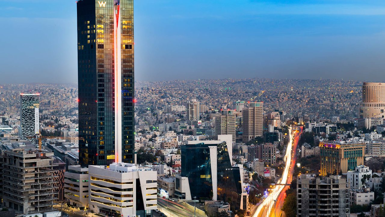 W Amman Hotel - Amman, Jordan - Hotel Tower Exterior Sunset