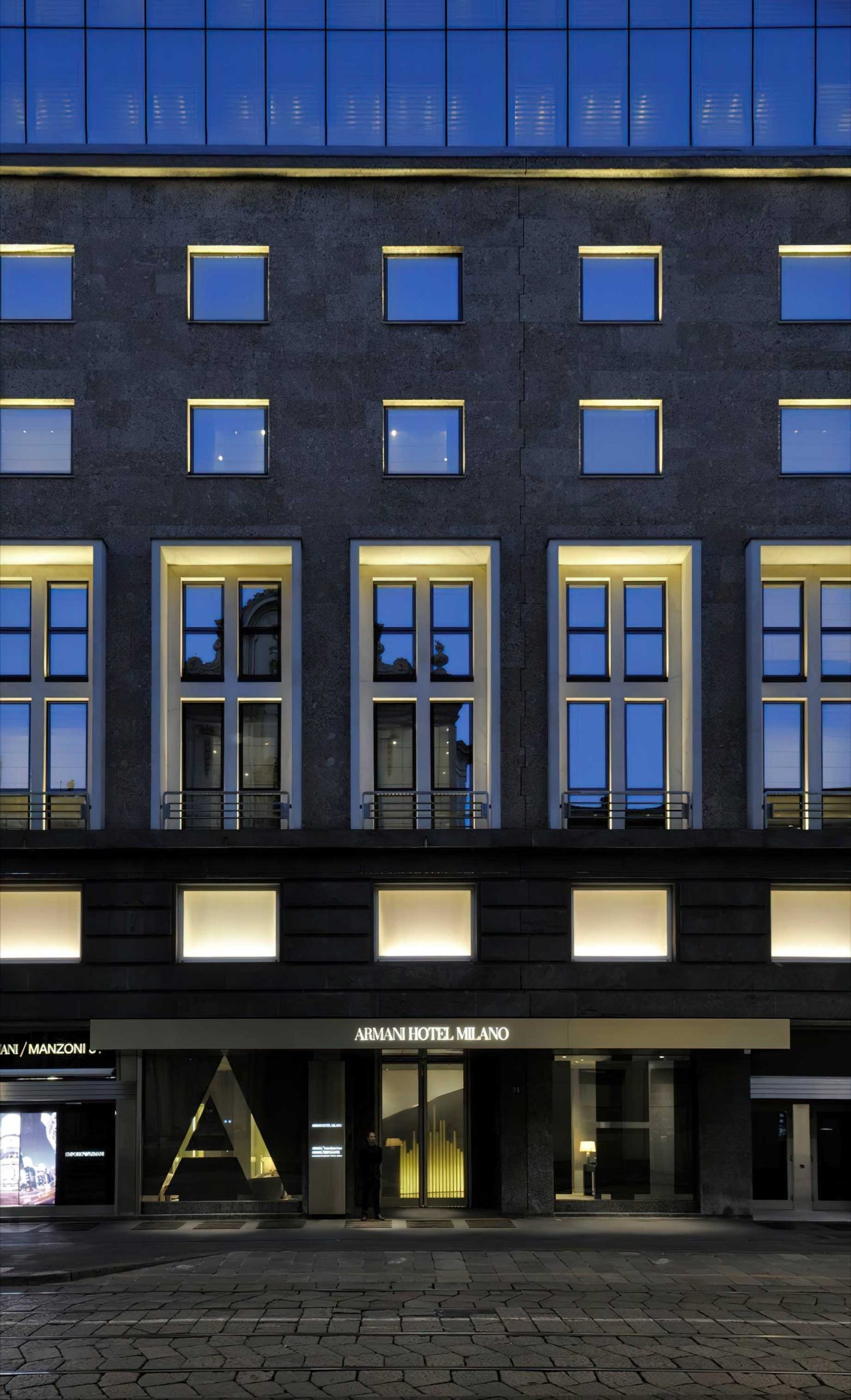 Armani Hotel Milano – Milan, Italy – Front Entrance Exterior at Night