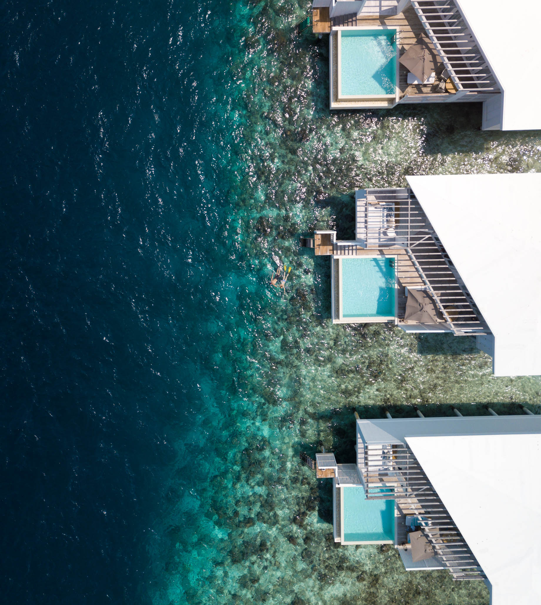 Amilla Fushi Resort and Residences – Baa Atoll, Maldives – Overwater Villa Overhead Aerial