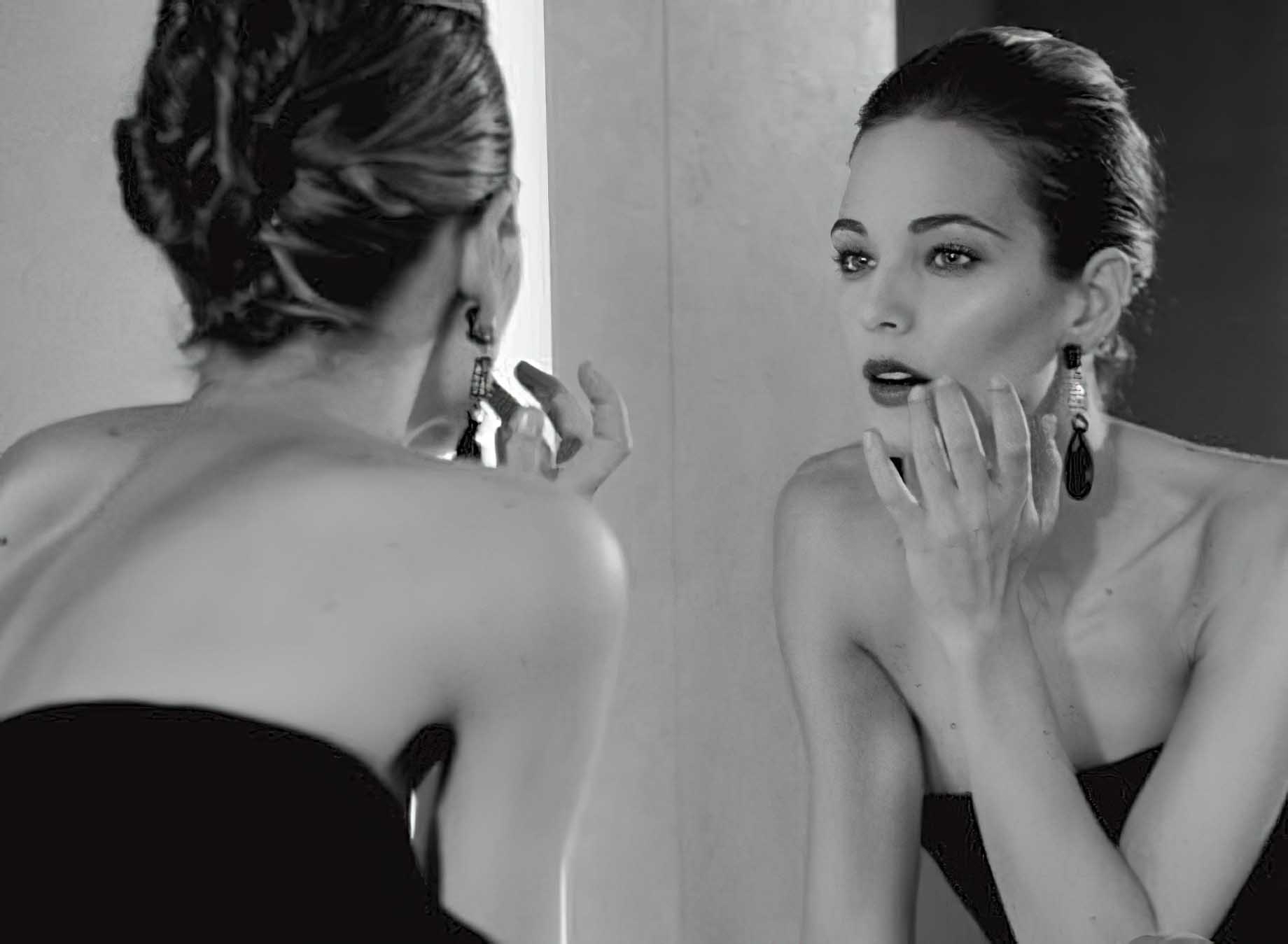 Armani Hotel Milano - Milan, Italy - Beautiful Girl in Black Evening Dress Looking in Mirror