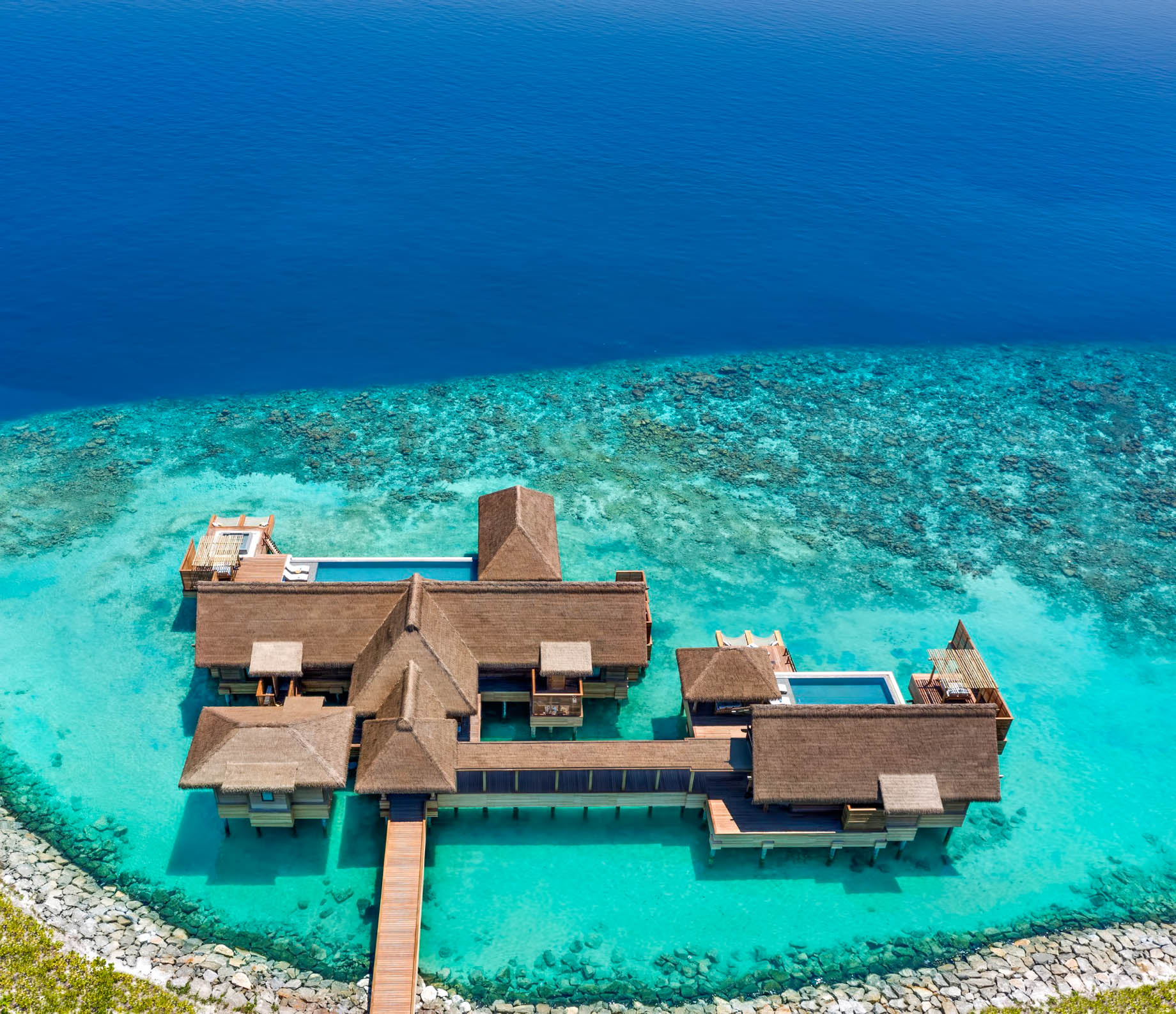 Waldorf Astoria Maldives Ithaafushi Resort – Ithaafushi Island, Maldives – Overwater Villa with Pool Three Bedroom Aerial View