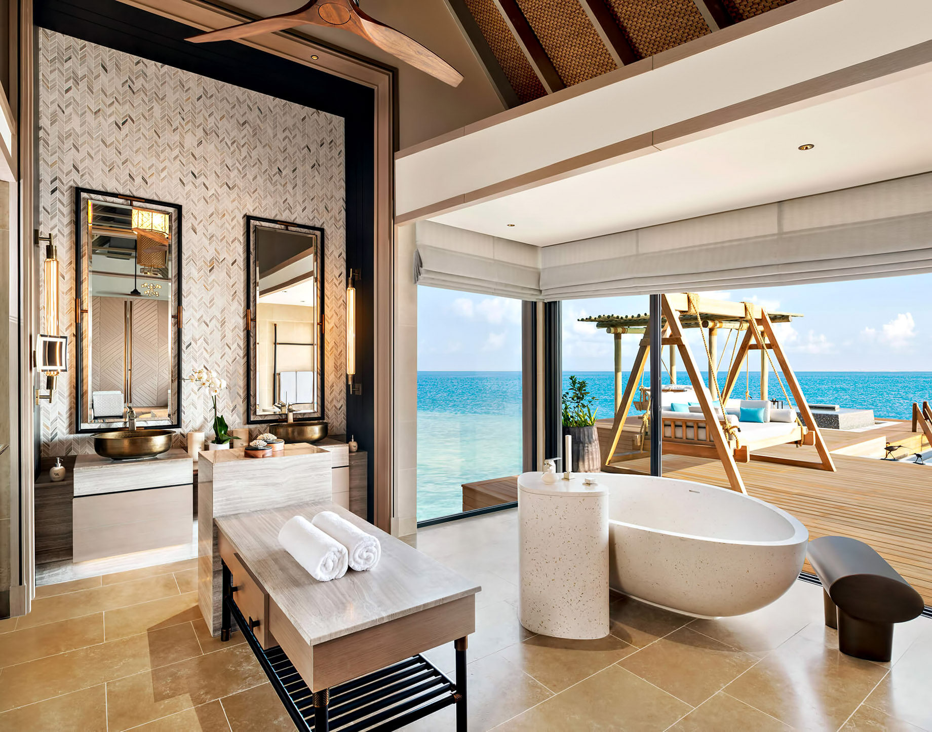Waldorf Astoria Maldives Ithaafushi Resort – Ithaafushi Island, Maldives – Overwater Villa Master Bathroom Infinity Pool View