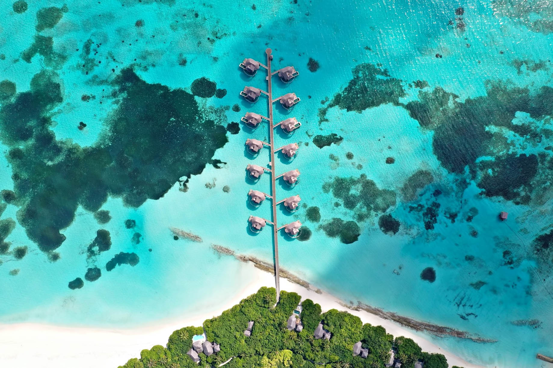 Six Senses Laamu Resort – Laamu Atoll, Maldives – Overwater Villa Boardwalk Aerial