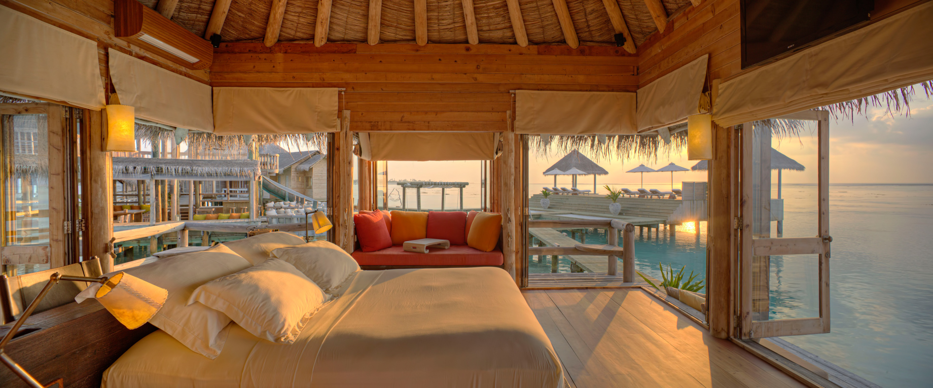 Gili Lankanfushi Resort – North Male Atoll, Maldives – The Private Reserve Master Suite Bedroom Sunrise