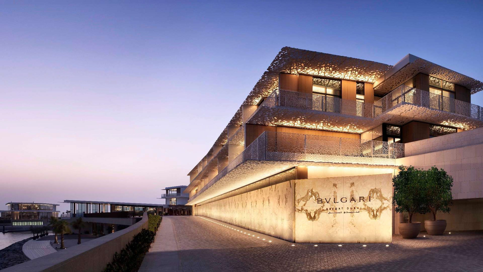 Bvlgari Resort Dubai – Jumeira Bay Island, Dubai, UAE – Resort Entrance at Dusk