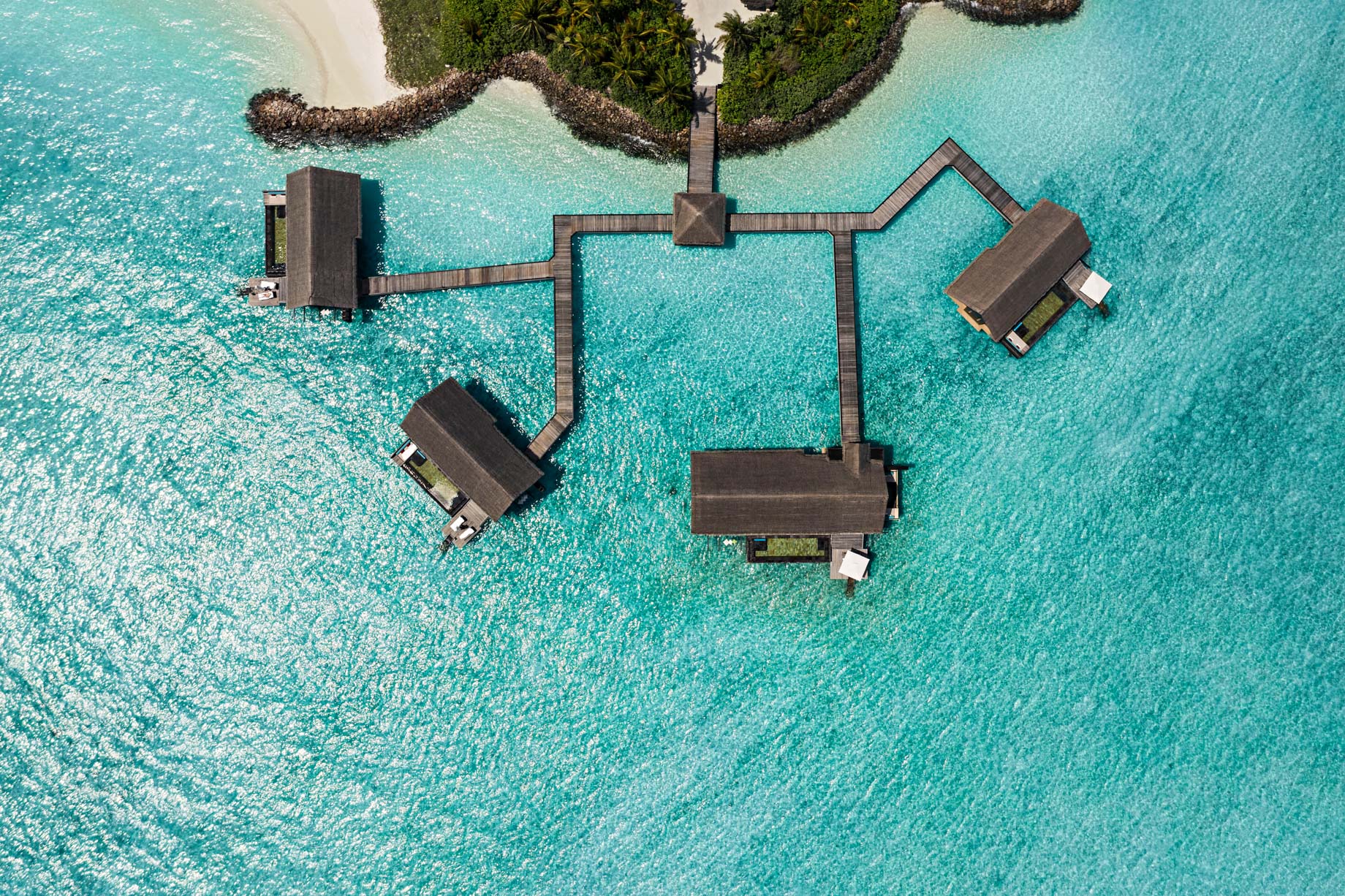 One&Only Reethi Rah Resort – North Male Atoll, Maldives – Overwater Villa Overhead Aerial View