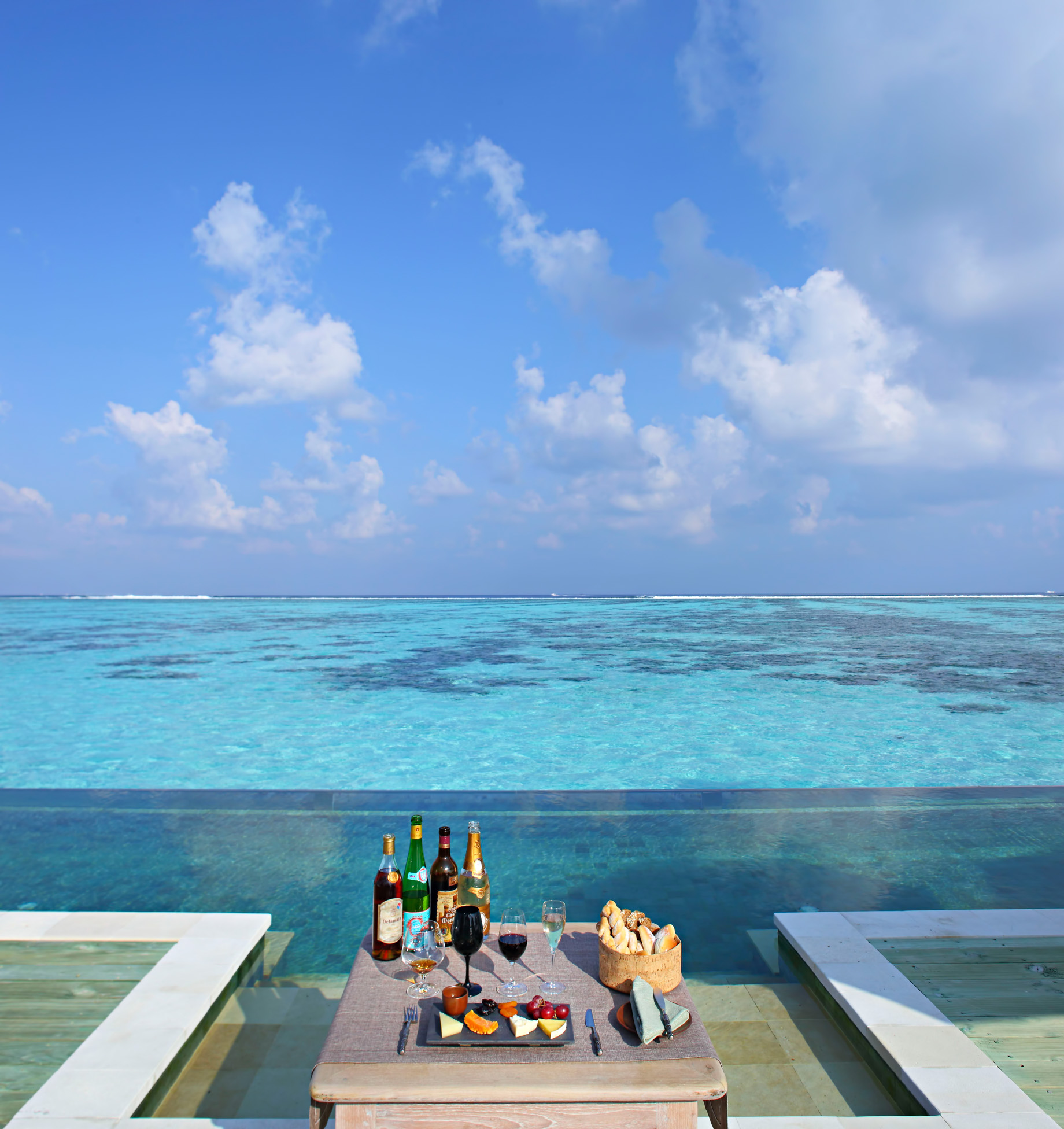 Gili Lankanfushi Resort – North Male Atoll, Maldives – The Private Reserve Infinity Pool Beverages and Cheese