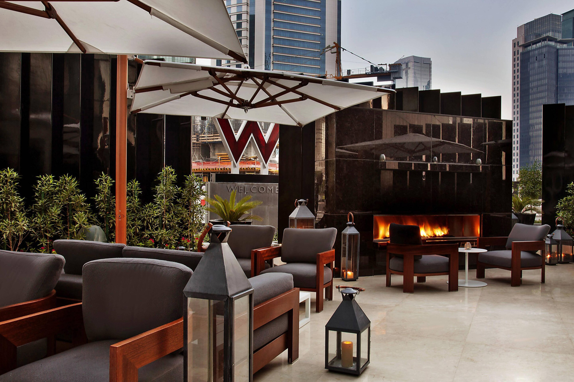 W Doha Hotel Doha, Qatar La Spiga by Paper Moon Terrace Fireplace
