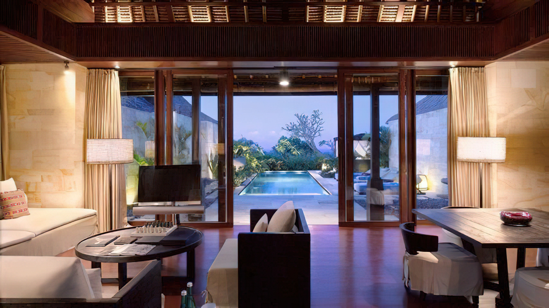 Bvlgari Resort Bali – Uluwatu, Bali, Indonesia – Ocean Cliff Villa Living Room Ocean View Dusk