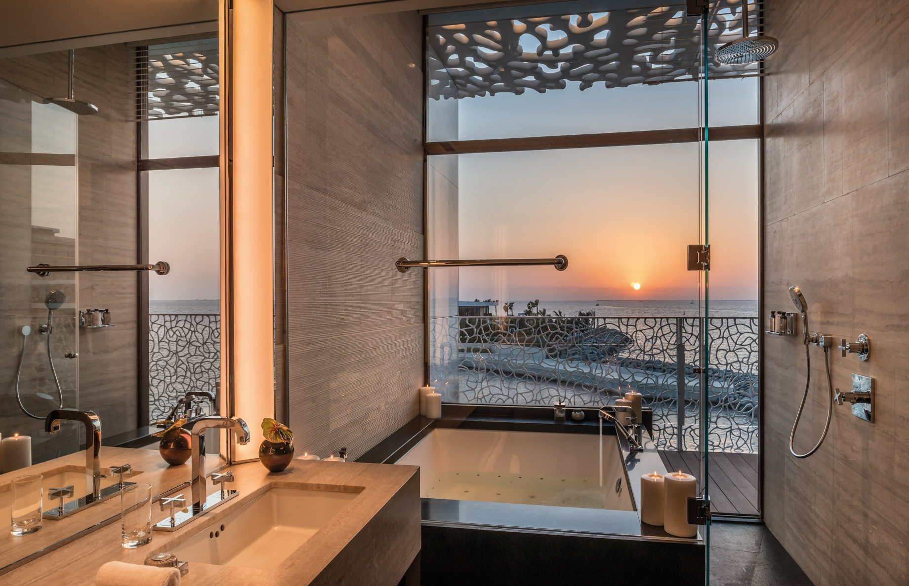 Bvlgari Resort Dubai – Jumeira Bay Island, Dubai, UAE – Bulgari Suite Bathroom Sunset