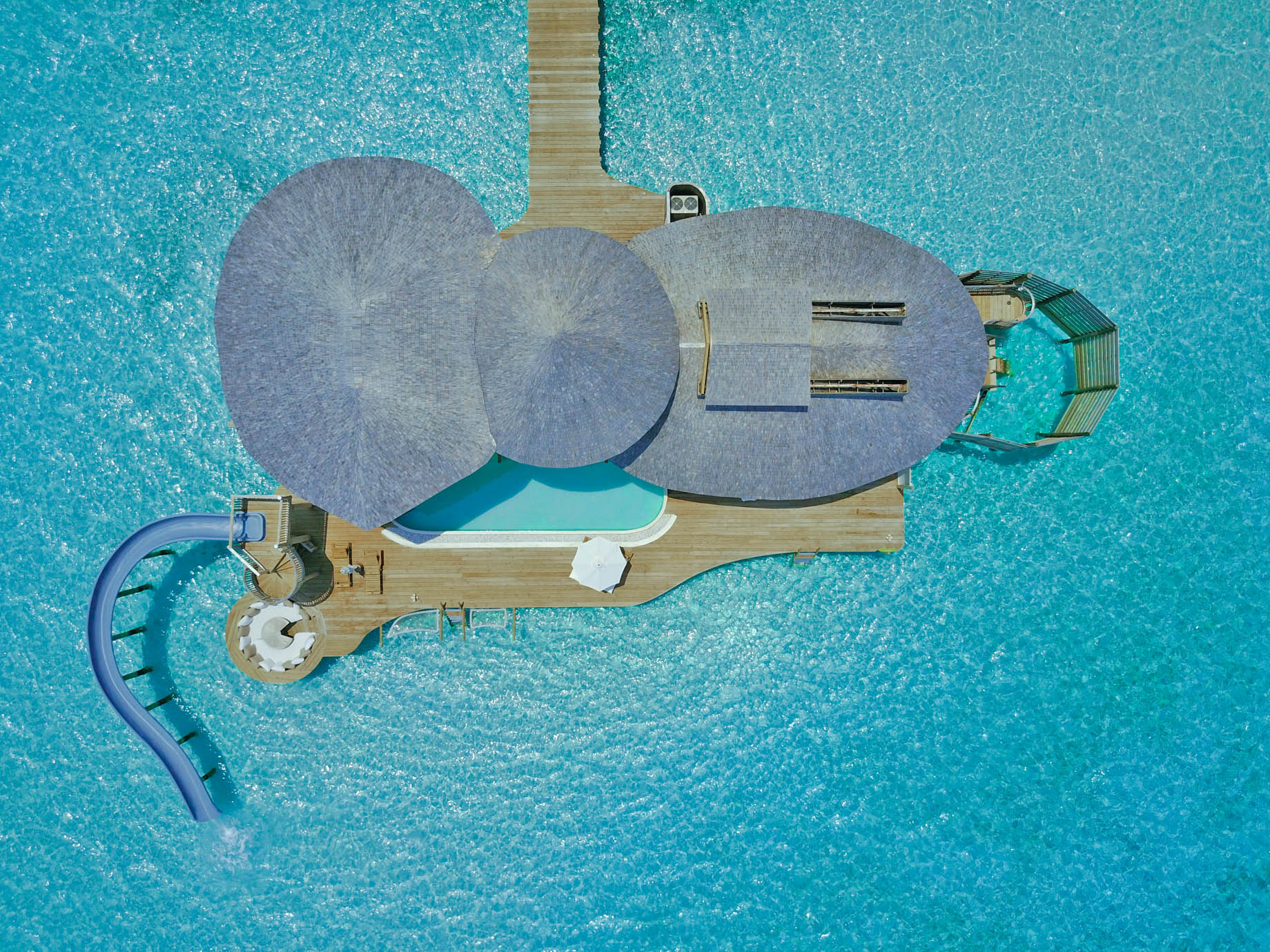 Soneva Jani Resort – Noonu Atoll, Medhufaru, Maldives – 3 Bedroom Water Reserve Villa with Slide Overhead Aerial