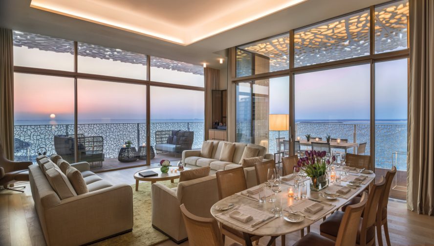 Bvlgari Resort Dubai - Jumeira Bay Island, Dubai, UAE - Bulgari Suite Living Room Sunset