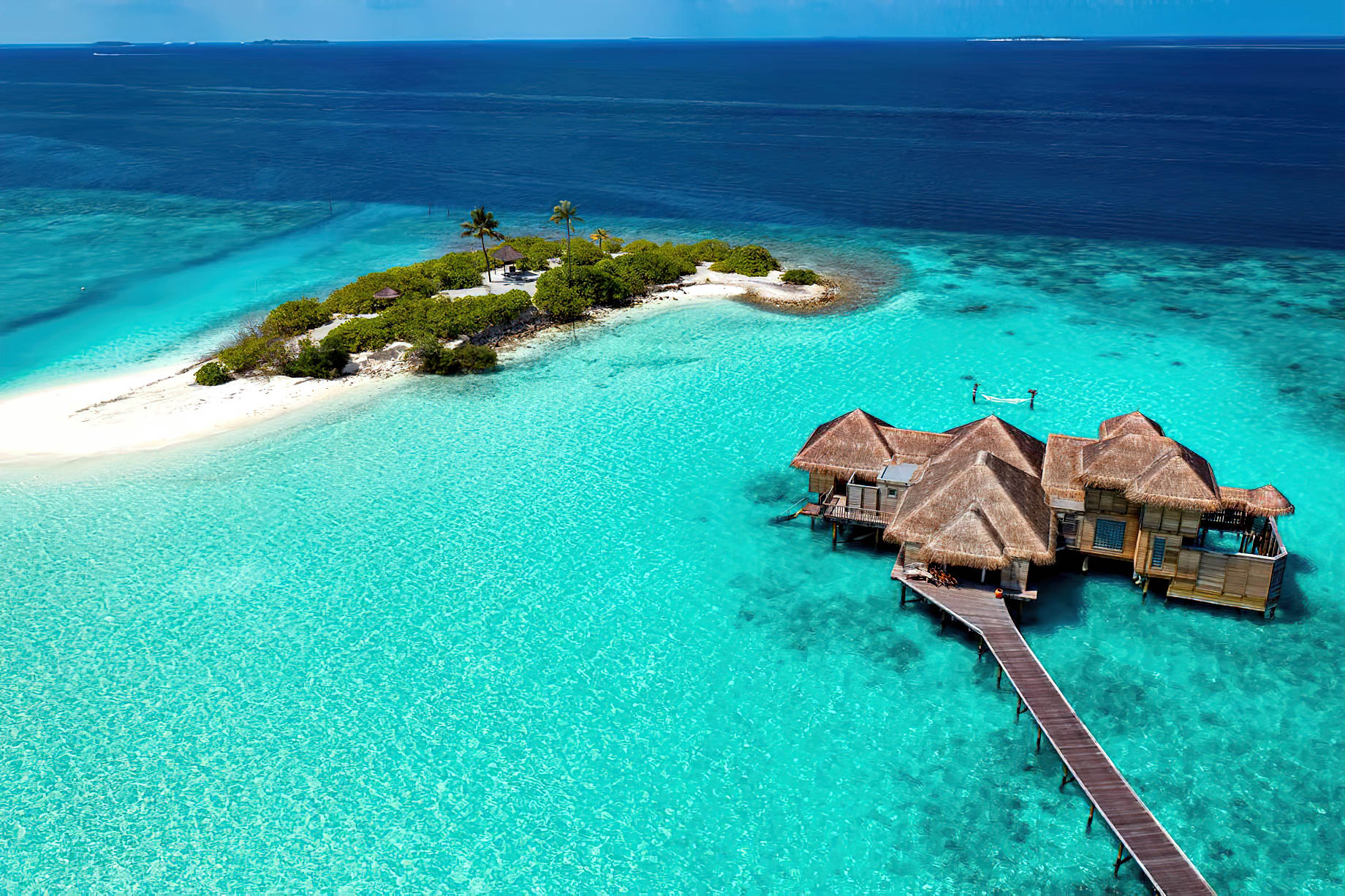Gili Lankanfushi Resort – North Male Atoll, Maldives – 2 Bedroom Family Villa and Three Palm Island Aerial