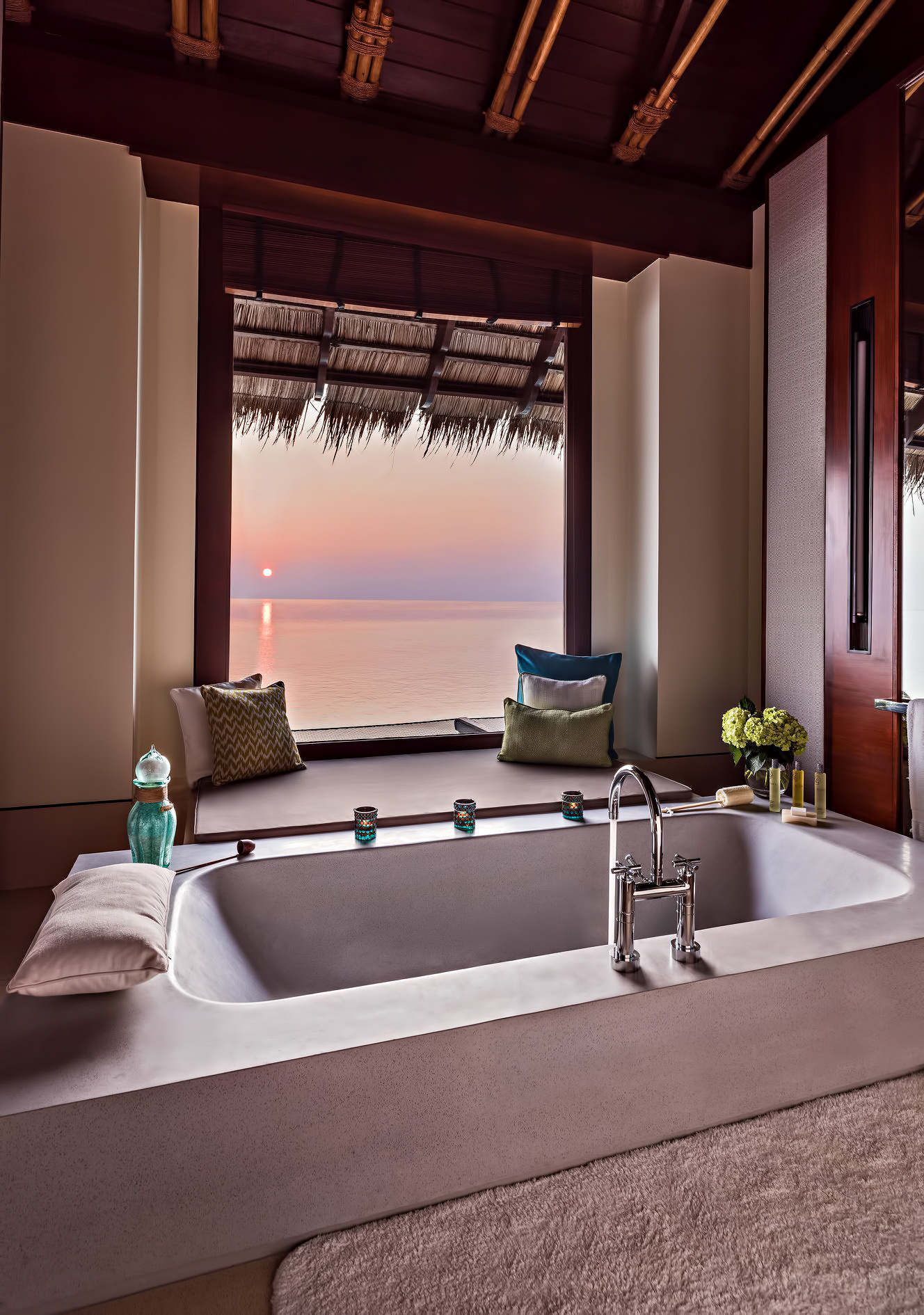 One&Only Reethi Rah Resort – North Male Atoll, Maldives – Overwater Villa Master Bathroom Tub Sunset