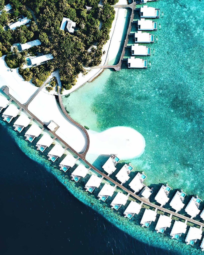 Amilla Fushi Resort and Residences - Baa Atoll, Maldives - Ocean Lagoon Overwater Houses and Villas Overhead Aerial