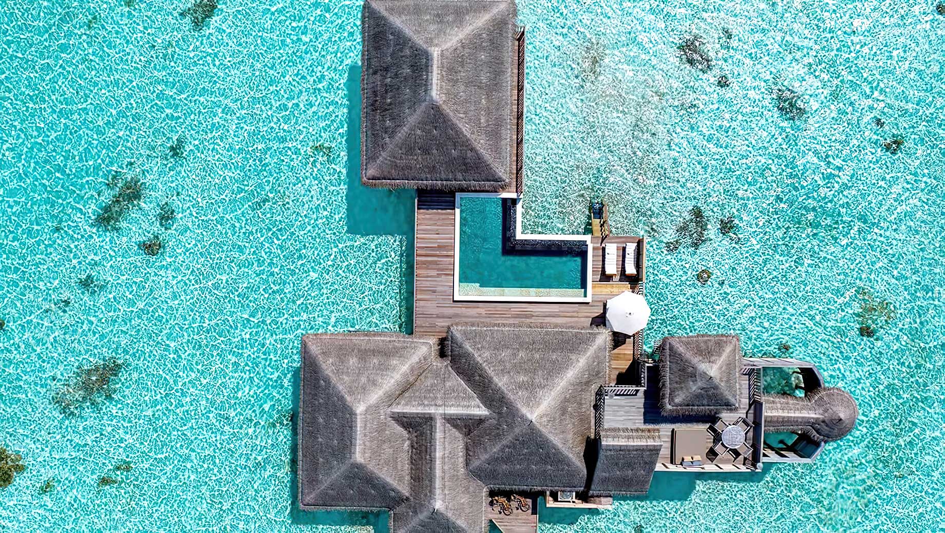 Gili Lankanfushi Resort – North Male Atoll, Maldives – Family Villa with Pool Overhead Aerial