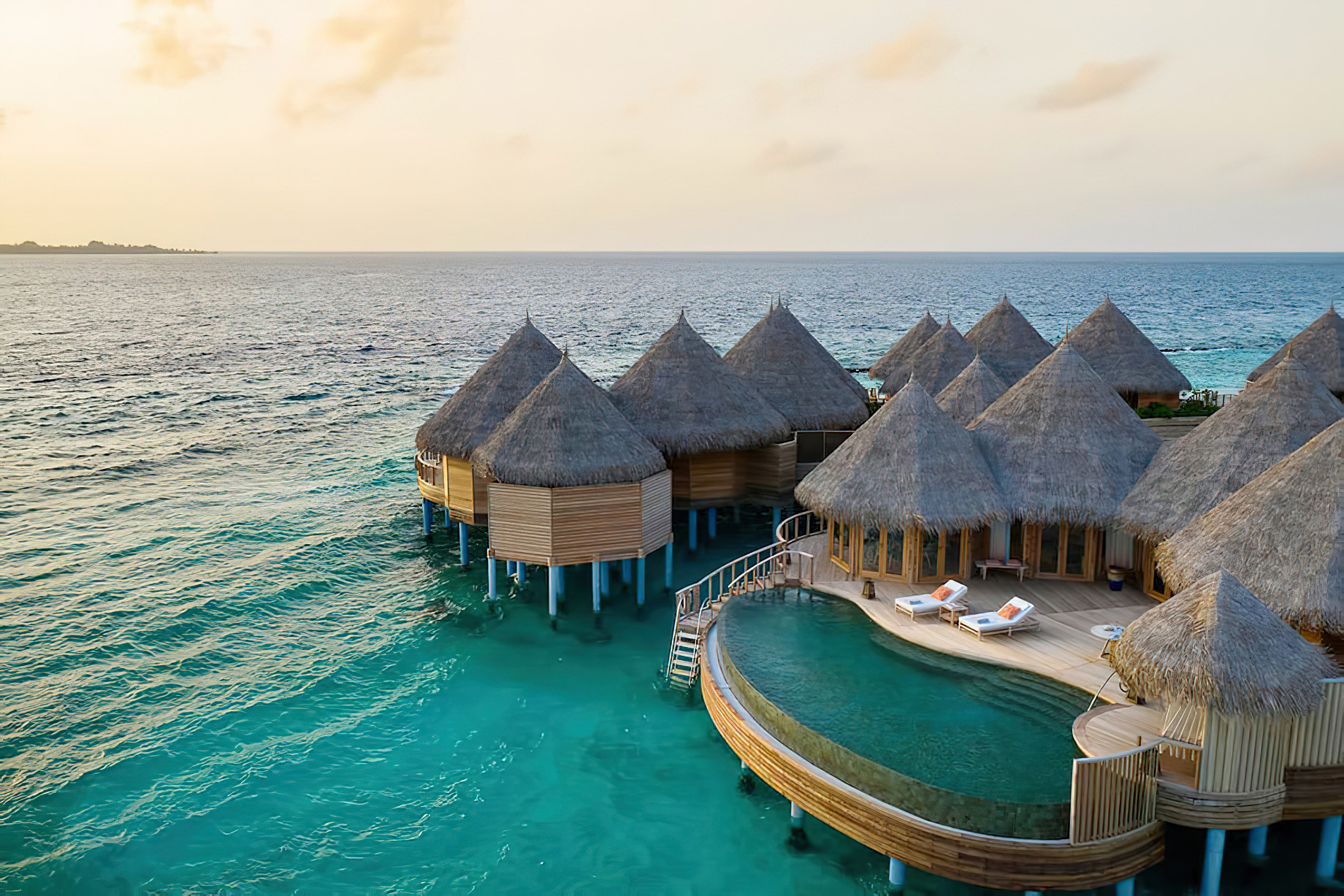 The Nautilus Maldives Resort – Thiladhoo Island, Maldives – Over Water Infinity Pool Aerial