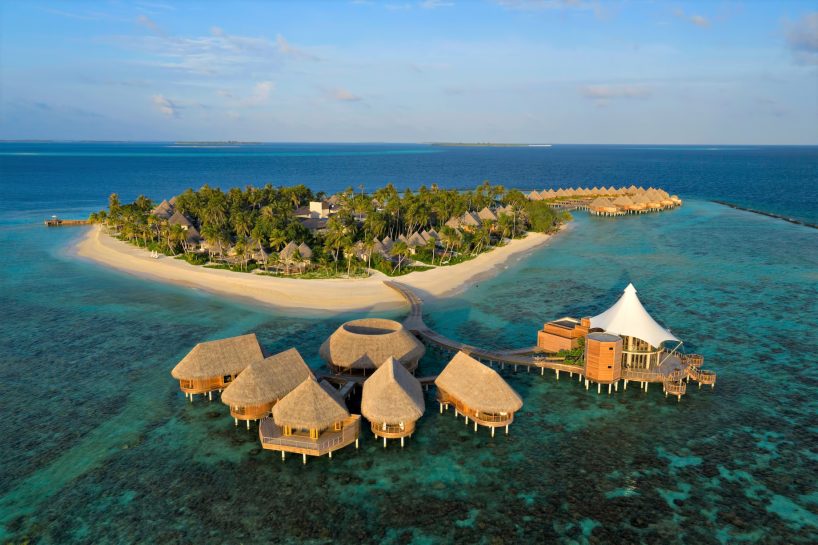 The Nautilus Maldives Resort - Thiladhoo Island, Maldives - Over Water Spa and Restaurant Aerial