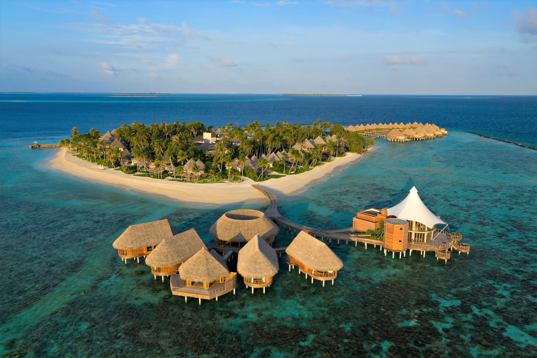 The Nautilus Maldives Resort – Thiladhoo Island, Maldives – Over Water Spa and Restaurant Aerial