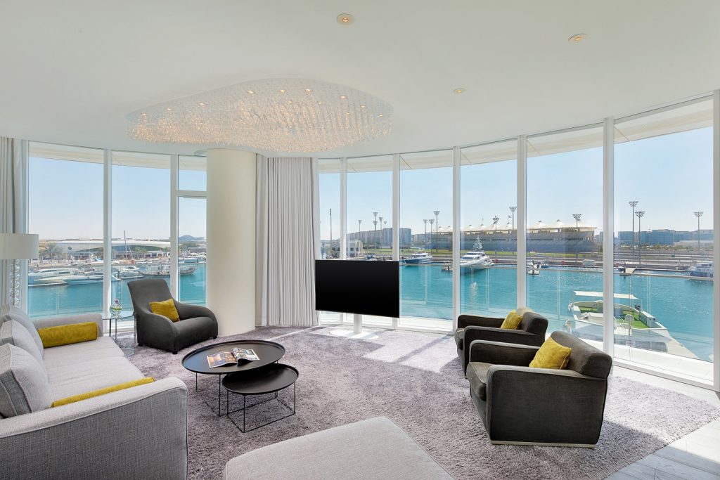 W Abu Dhabi Yas Island Hotel - Abu Dhabi, UAE - WOW Suite Living Room Marina View