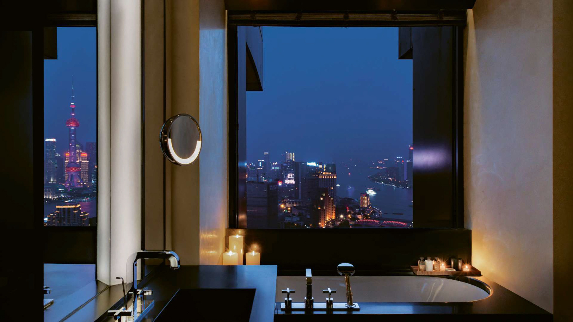 Bvlgari Hotel Shanghai – Shanghai, China – Suite Bathroom Night View