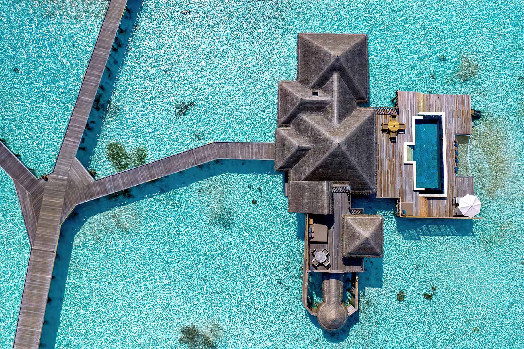 Gili Lankanfushi Resort – North Male Atoll, Maldives – Overwater Lagoon Villa Overhead Aerial