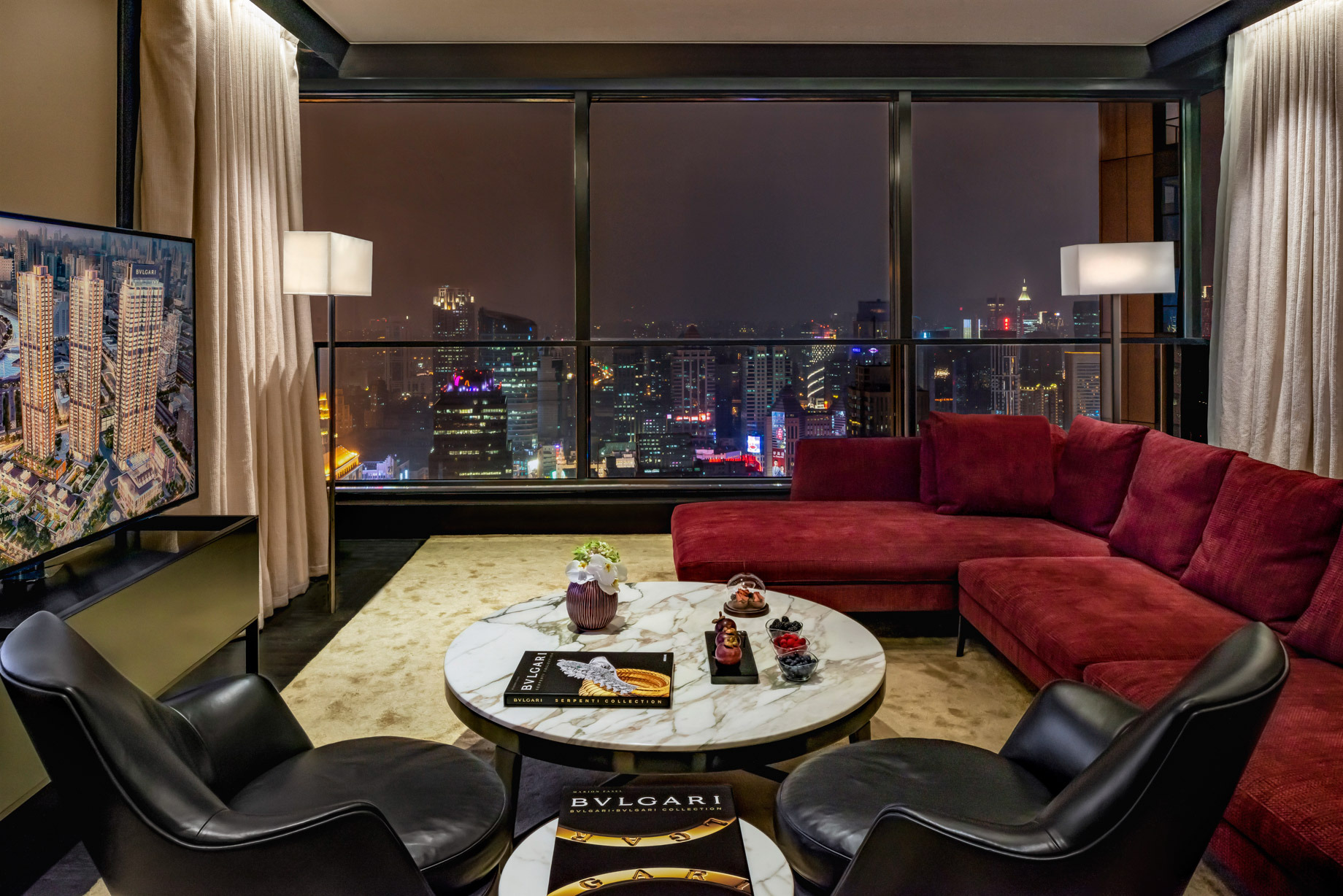 Bvlgari Hotel Shanghai – Shanghai, China – Suite Living Room Night View