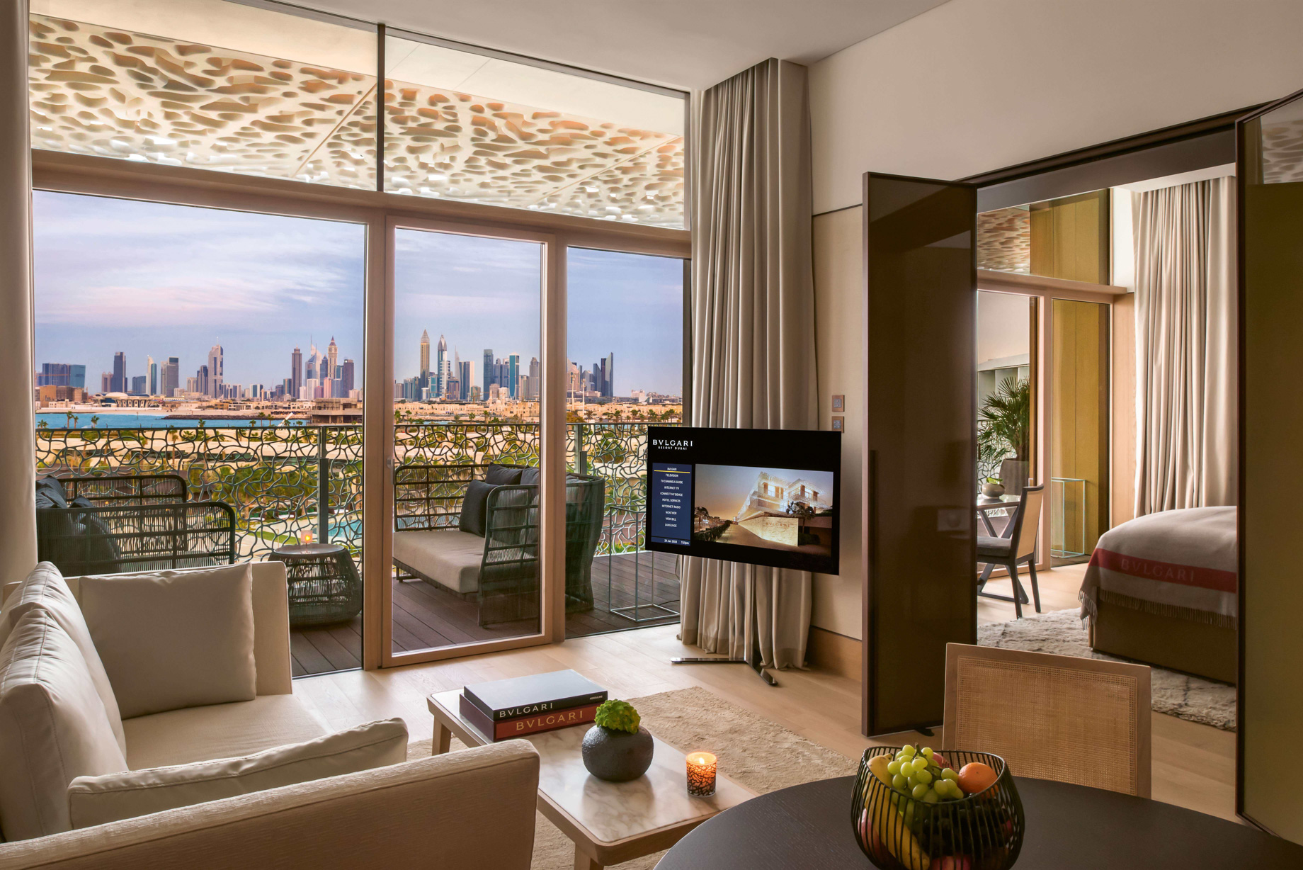 Bvlgari Resort Dubai – Jumeira Bay Island, Dubai, UAE – Guest Suite Living Room and Bedroom City View