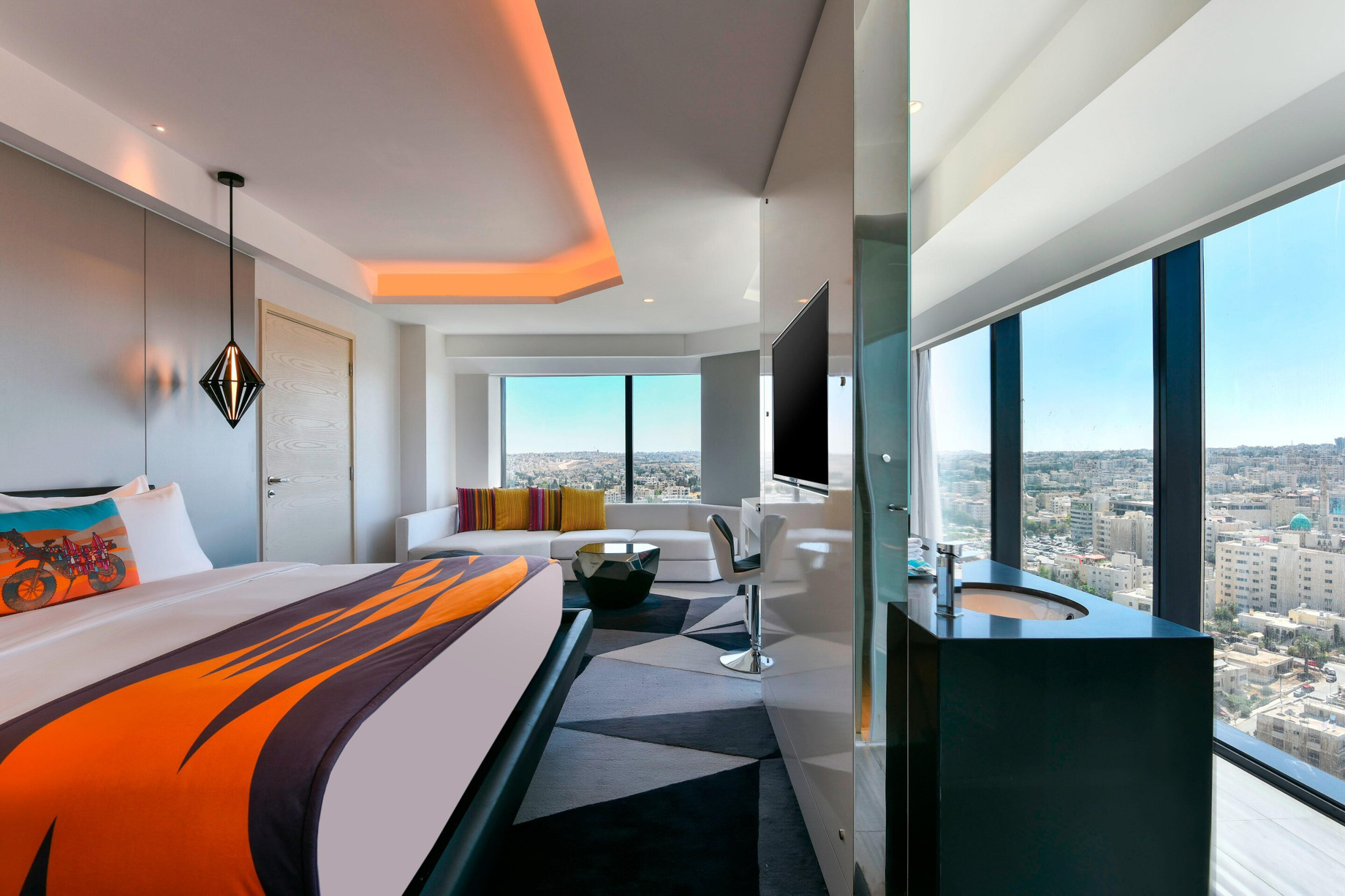 W Amman Hotel – Amman, Jordan – Mega City View Room Bedroom and Bathroom