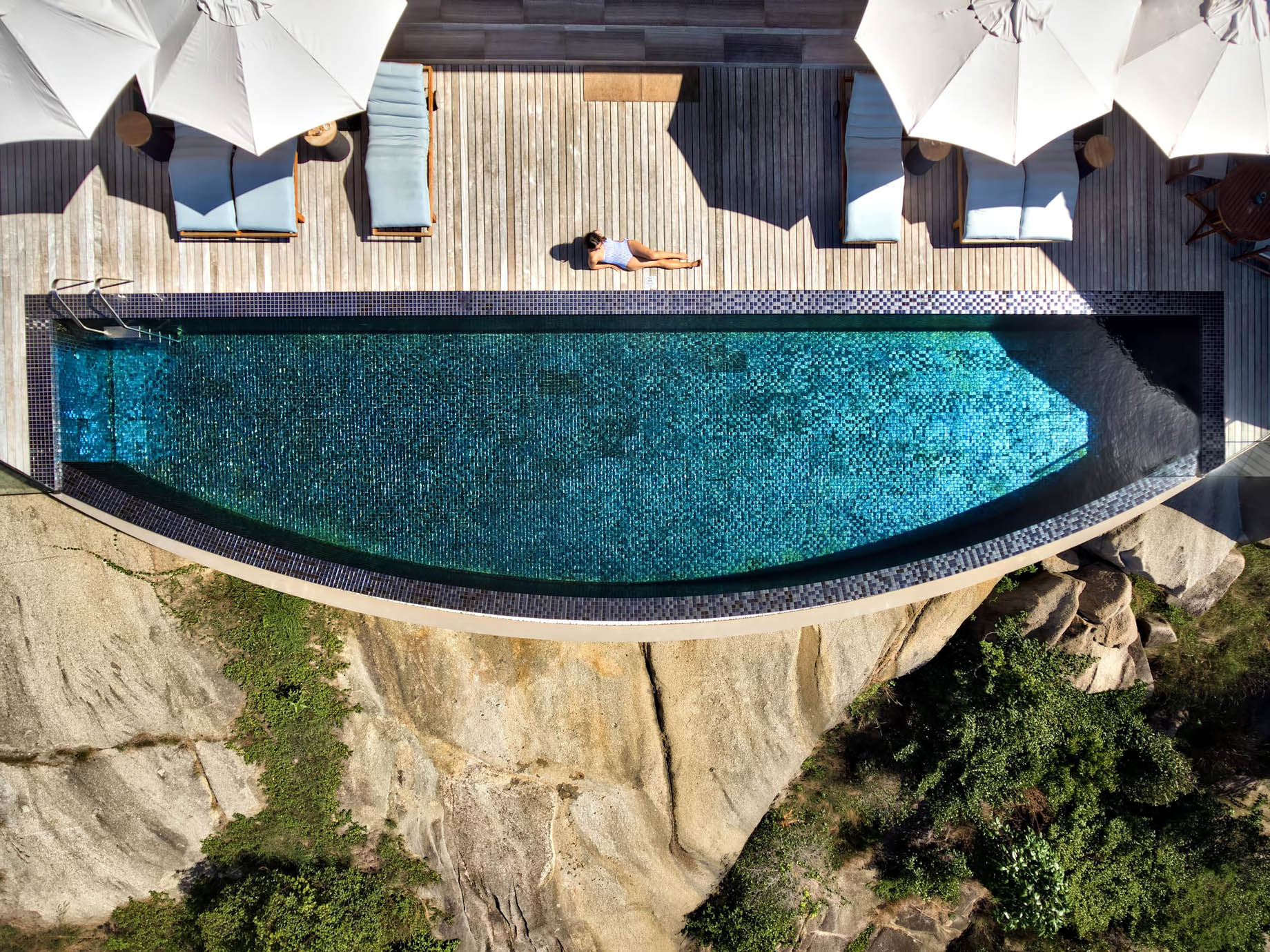 Six Senses Zil Pasyon Resort – Felicite Island, Seychelles – Four Bedroom Residence Overhead Infinity Pool Aerial