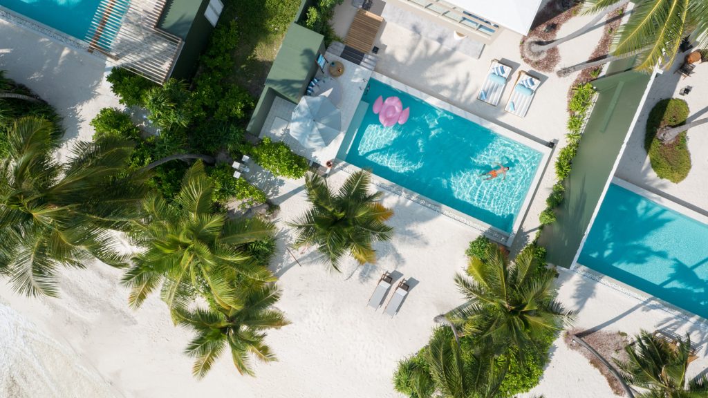 Amilla Fushi Resort and Residences - Baa Atoll, Maldives - Oceanfront Beach Villa Pool Overhead Aerial