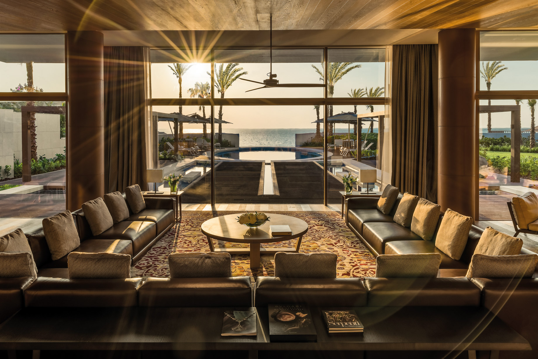 Bvlgari Resort Dubai – Jumeira Bay Island, Dubai, UAE – Bvlgari Villa Living Room Ocean Pool View Sunset