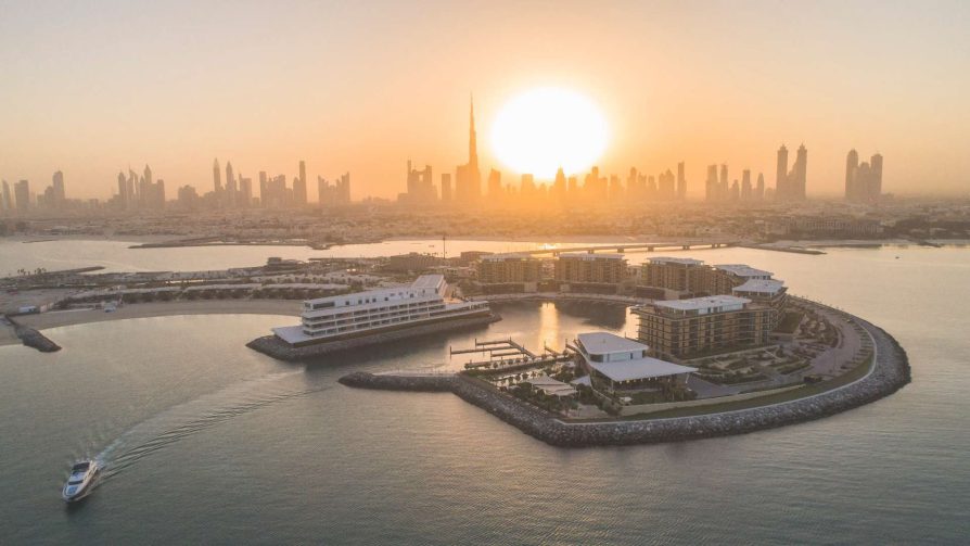 Bvlgari Resort Dubai - Jumeira Bay Island, Dubai, UAE - Resort Aerial Sunrise City View