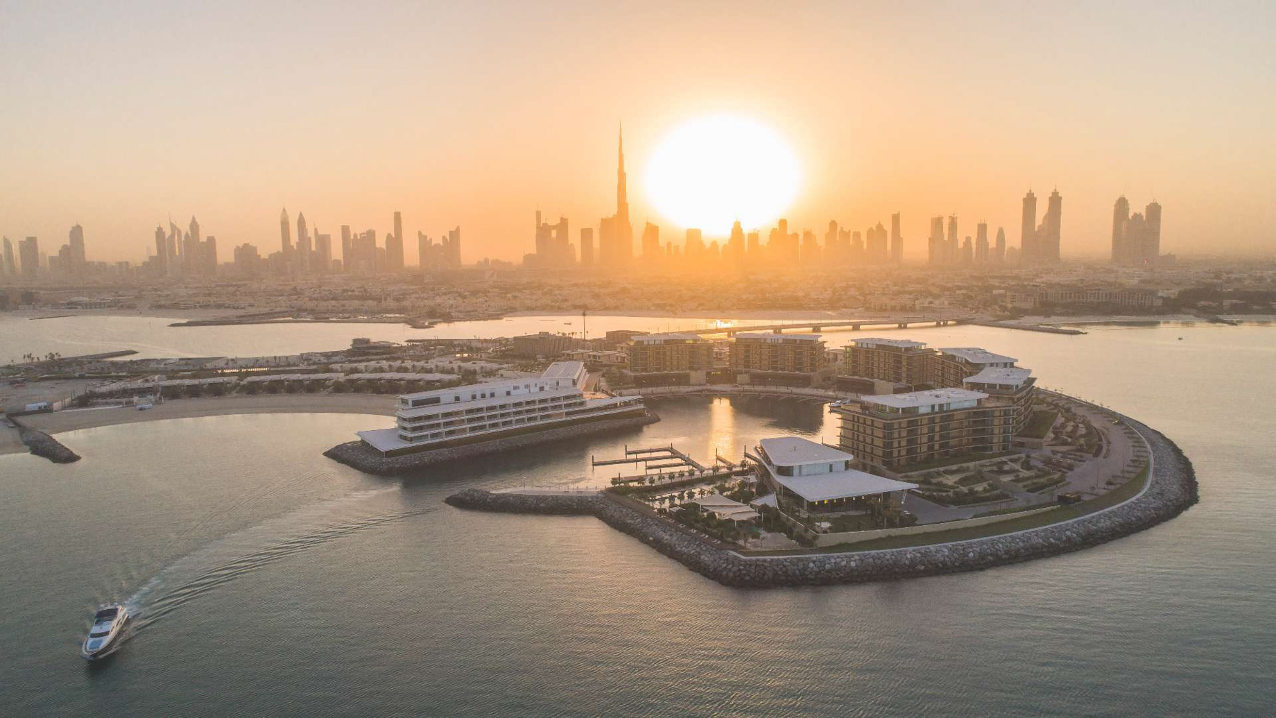 Bvlgari Resort Dubai – Jumeira Bay Island, Dubai, UAE – Resort Aerial Sunrise City View