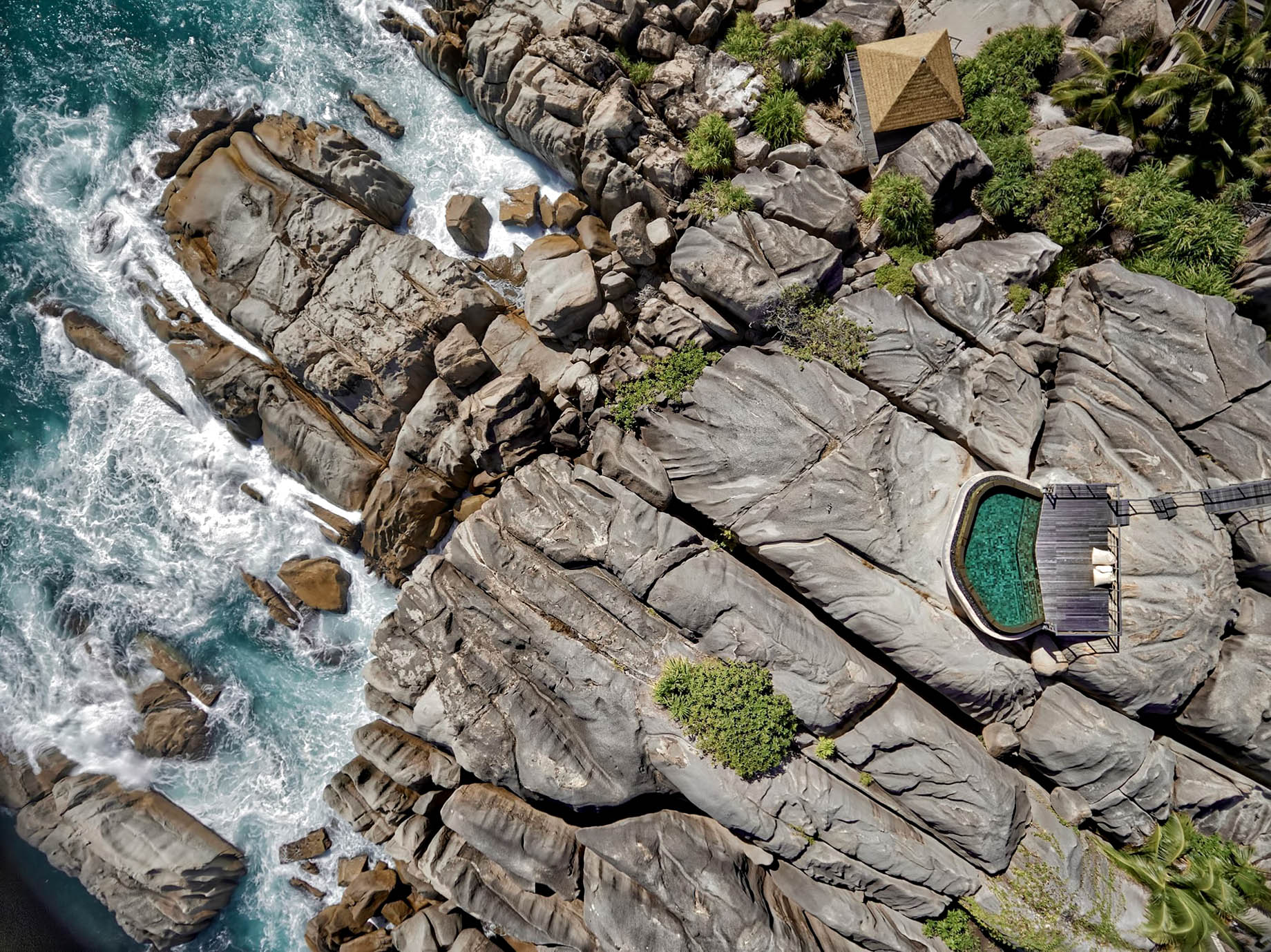 Six Senses Zil Pasyon Resort – Felicite Island, Seychelles – Spa Pool and Yoga Pavilion Overhead Aerial