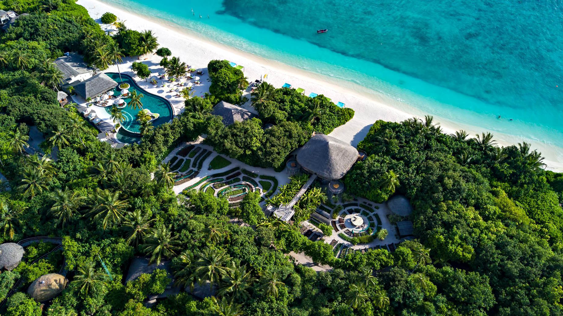 Six Senses Laamu Resort – Laamu Atoll, Maldives – Resort Pool and The Chili Table Aerial View