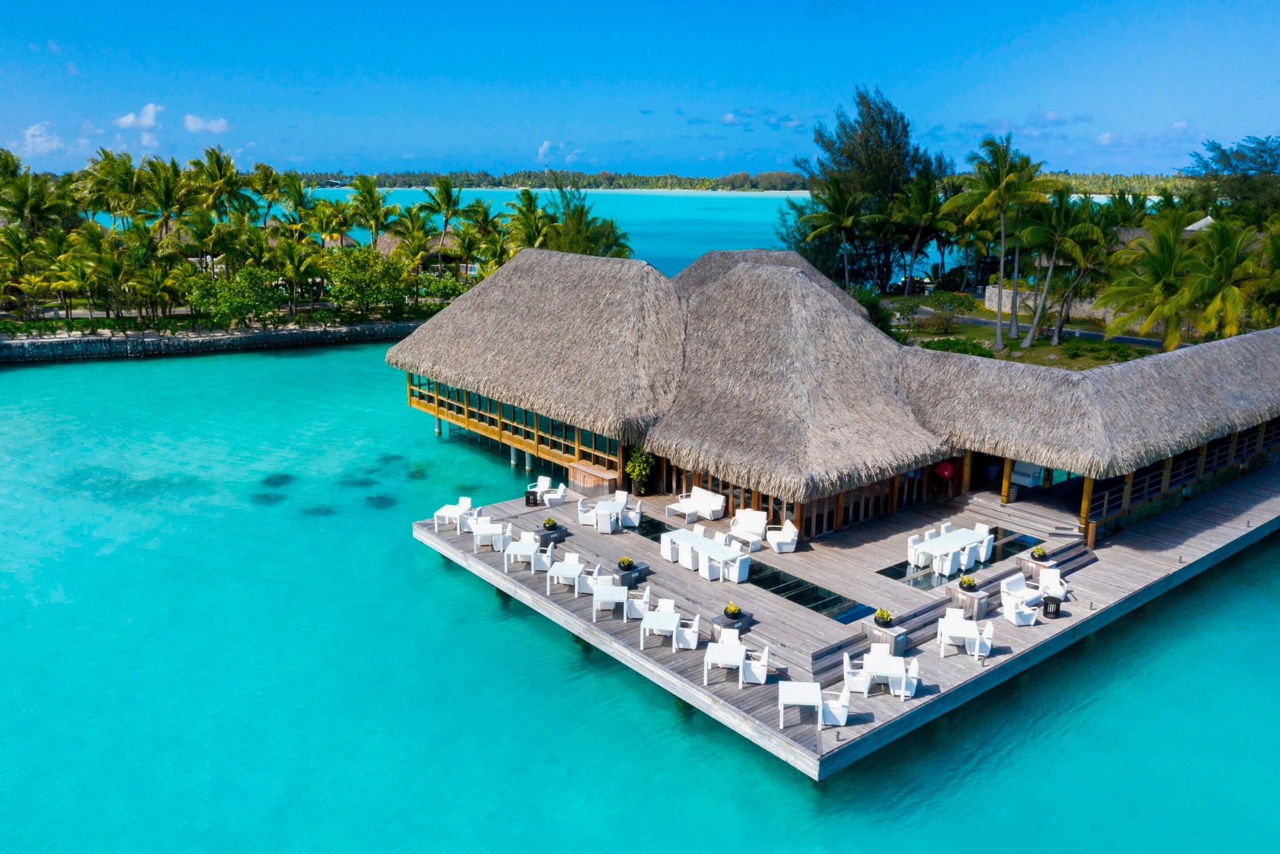 The St. Regis Bora Bora Resort – Bora Bora, French Polynesia – Lagoon Restaurant by Jean Georges Exterior Aerial View
