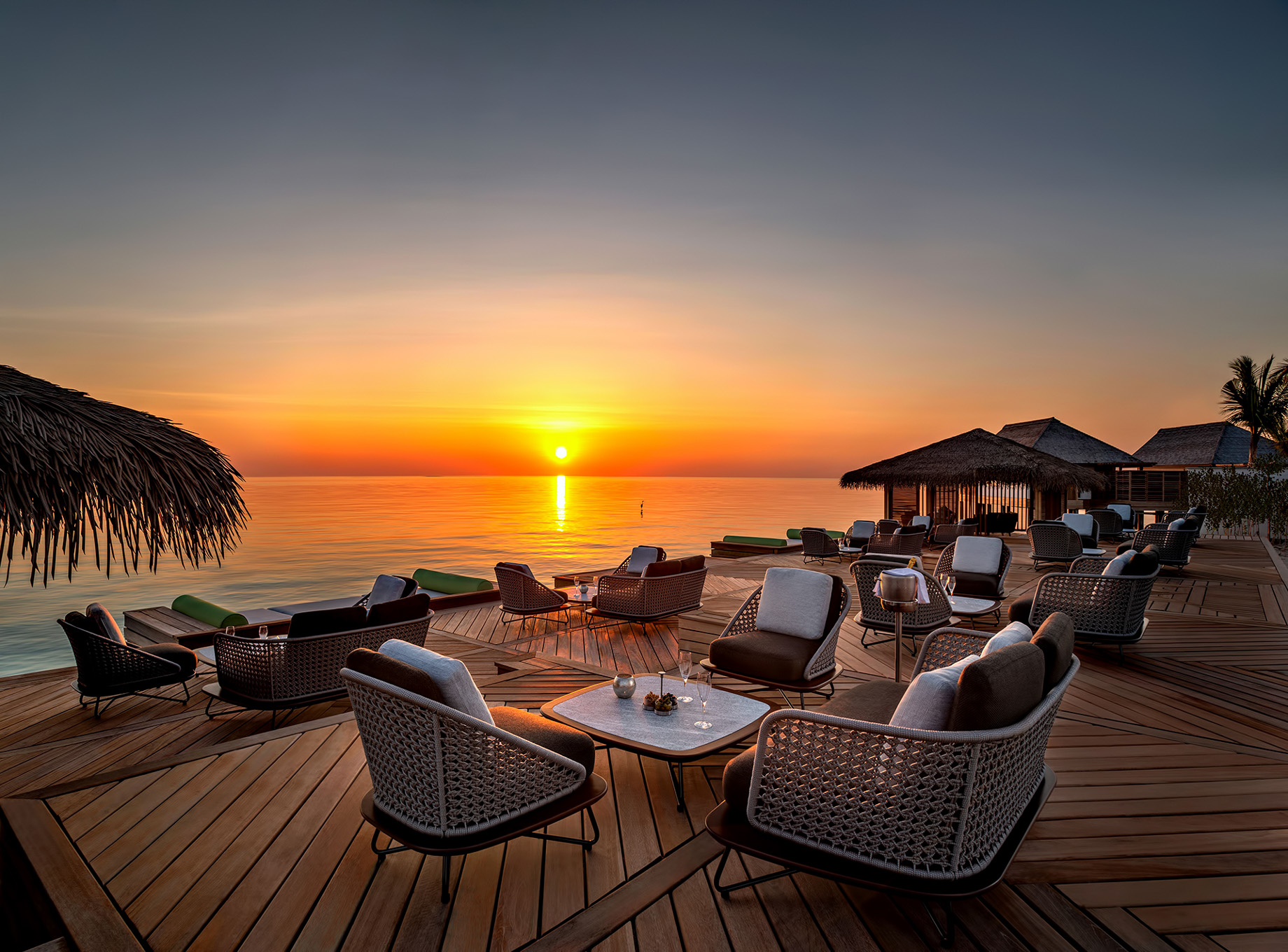 Waldorf Astoria Maldives Ithaafushi Resort – Ithaafushi Island, Maldives – Amber Restaurant Overwater Deck Sunset