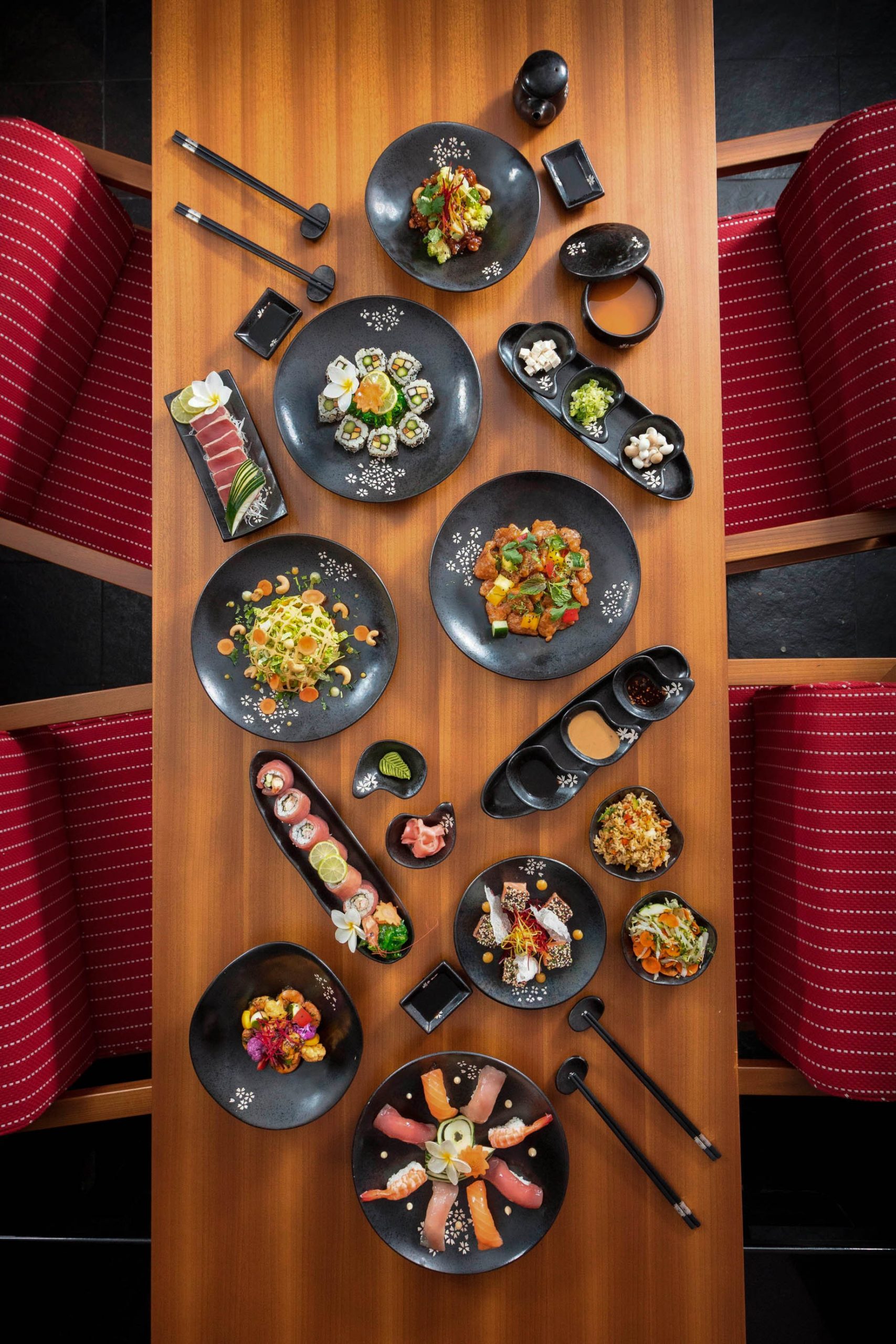 The St. Regis Bora Bora Resort - Bora Bora, French Polynesia - Bam Boo Restaurant Dinner Table Overhead View