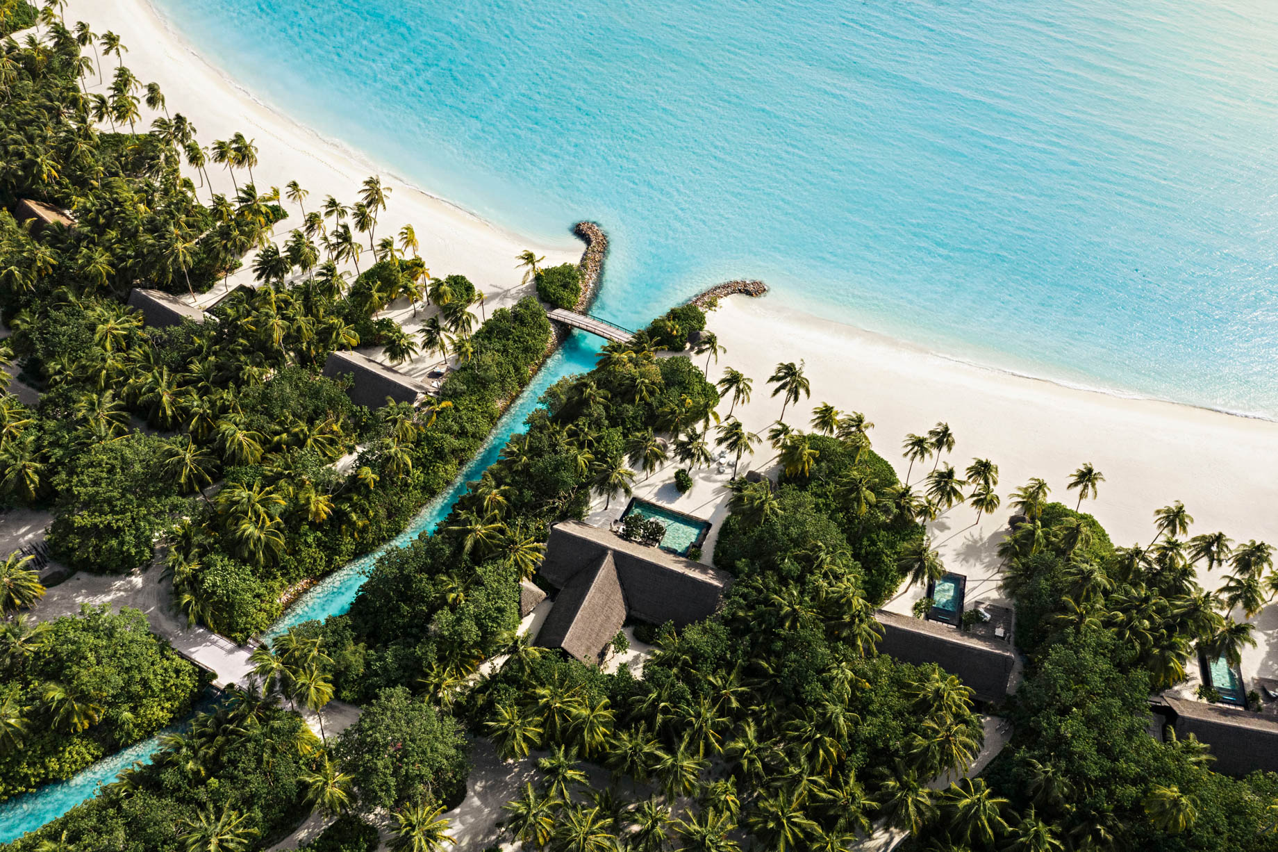One&Only Reethi Rah Resort – North Male Atoll, Maldives – Private Island Canal Bridge Aerial