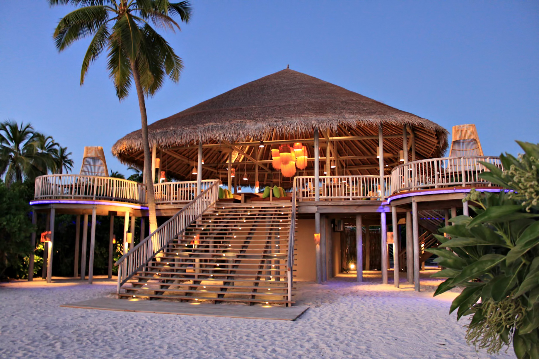 Six Senses Laamu Resort - Laamu Atoll, Maldives - Leaf Restaurant Exterior Dusk