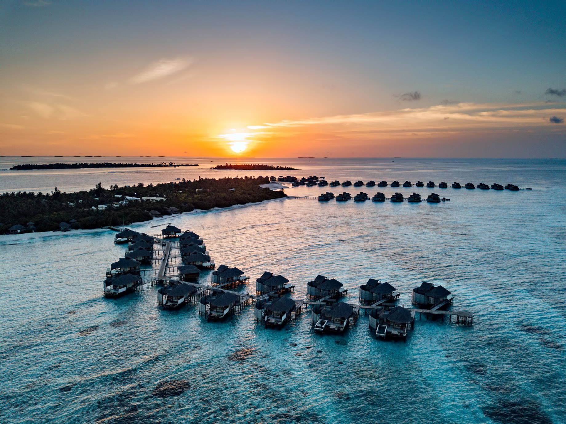 Six Senses Laamu Resort – Laamu Atoll, Maldives – Resort Aerial View Sunset