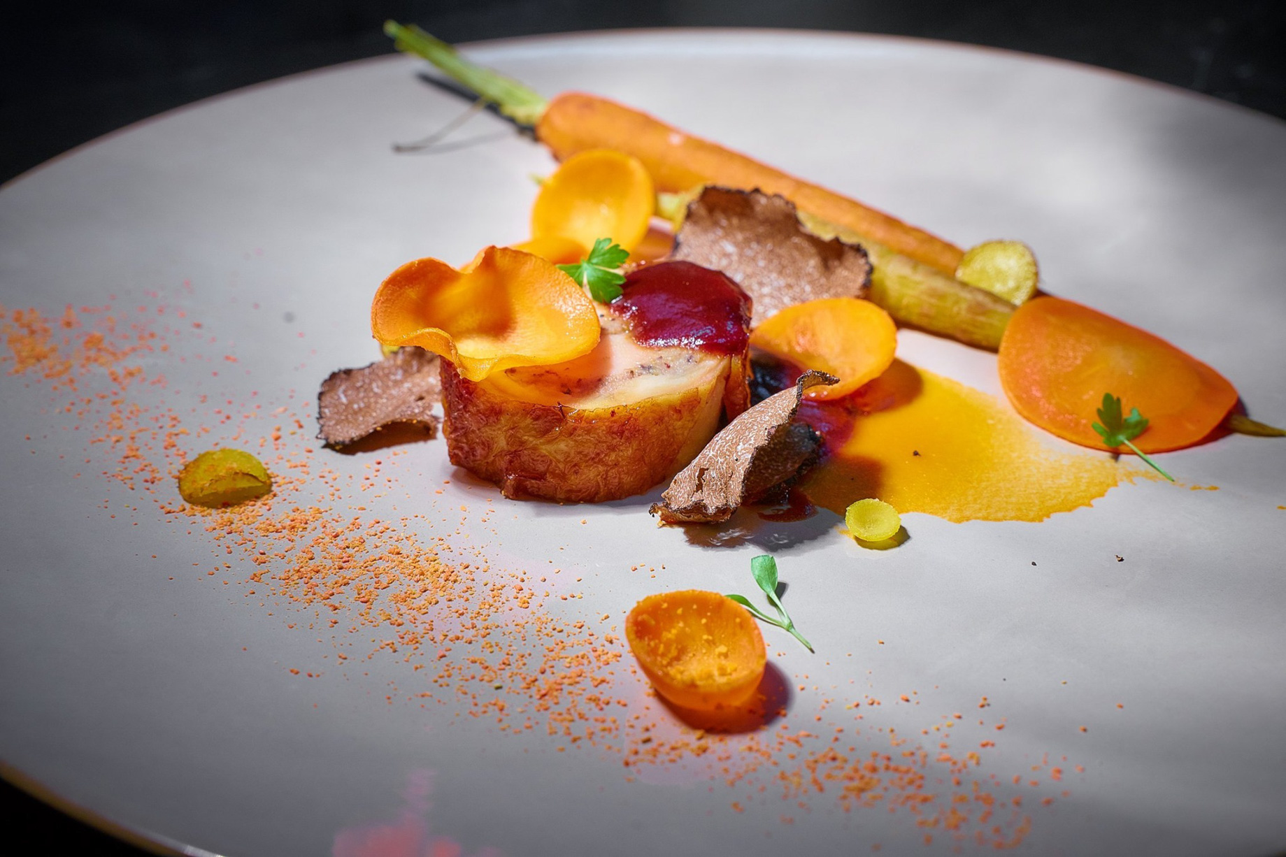 The St. Regis Macao Hotel - Cotai, Macau SAR, China - Glazed Guinea Fowl Breast Rolled with Hazelnuts and Onion with Salt Baked French Carrots and Black Truffles