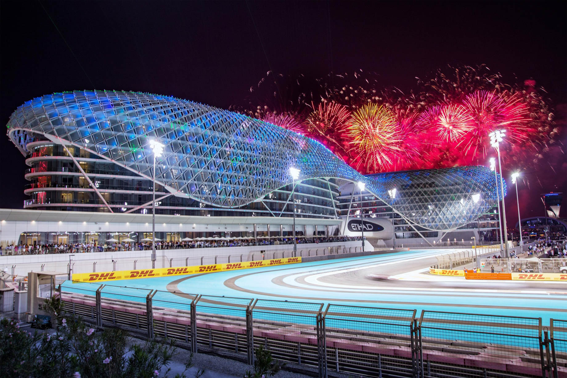 W Abu Dhabi Yas Island Hotel – Abu Dhabi, UAE – Hotel Exterior Night Racetrack Fireworks