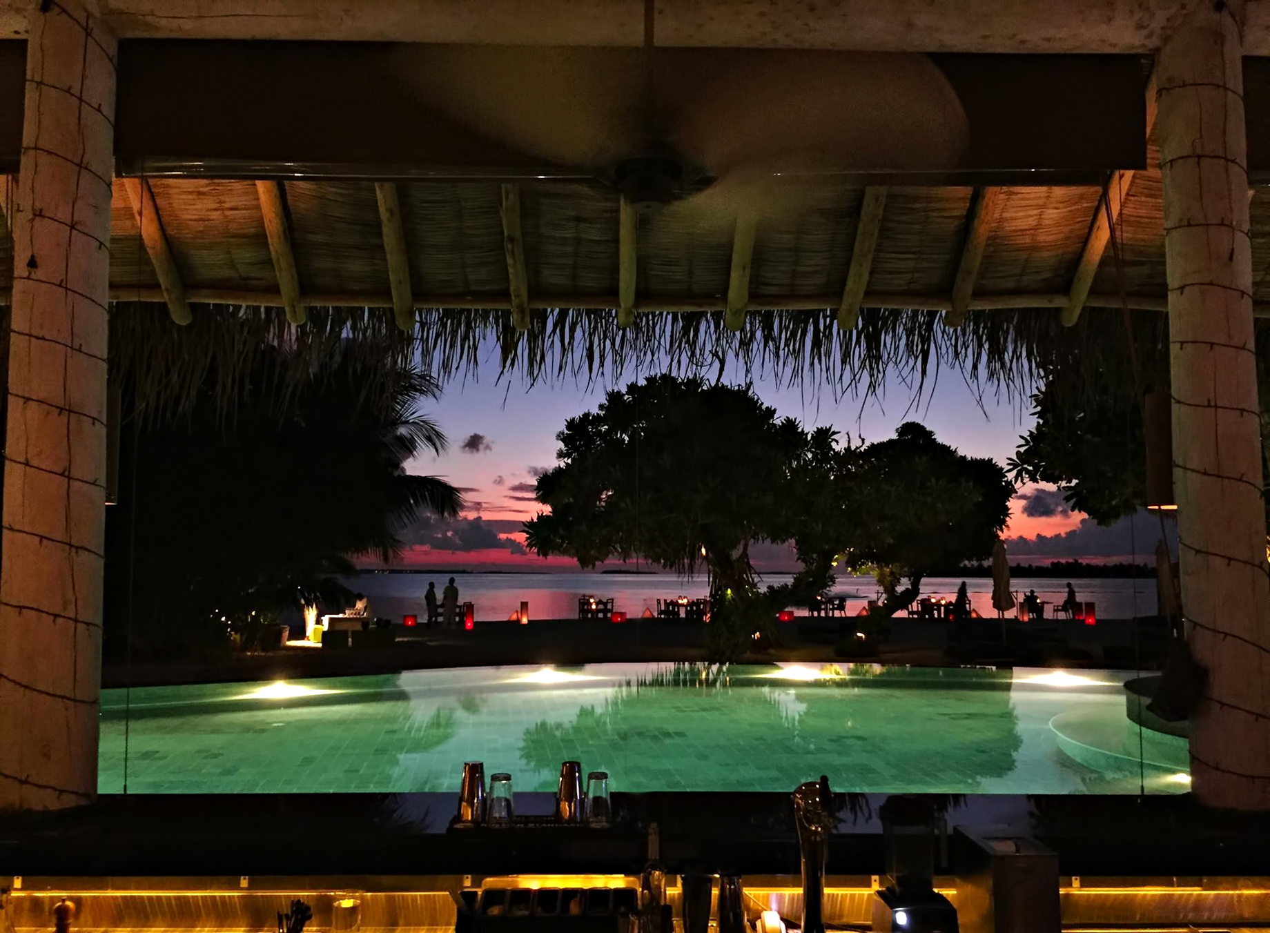 Six Senses Laamu Resort - Laamu Atoll, Maldives - Resort Pool Lounge Evening View