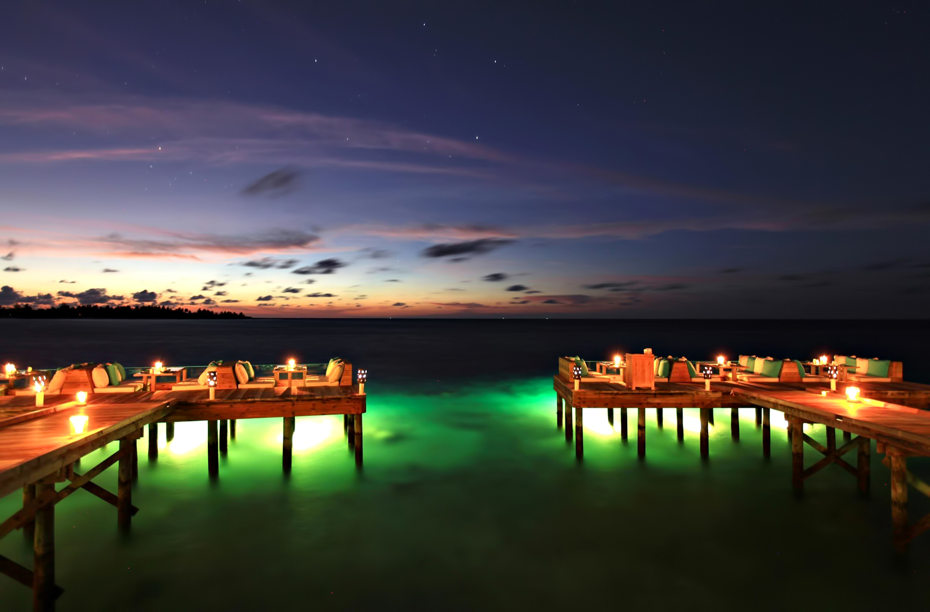 Six Senses Laamu Resort - Laamu Atoll, Maldives - Overwater Deck Lounge Evening View