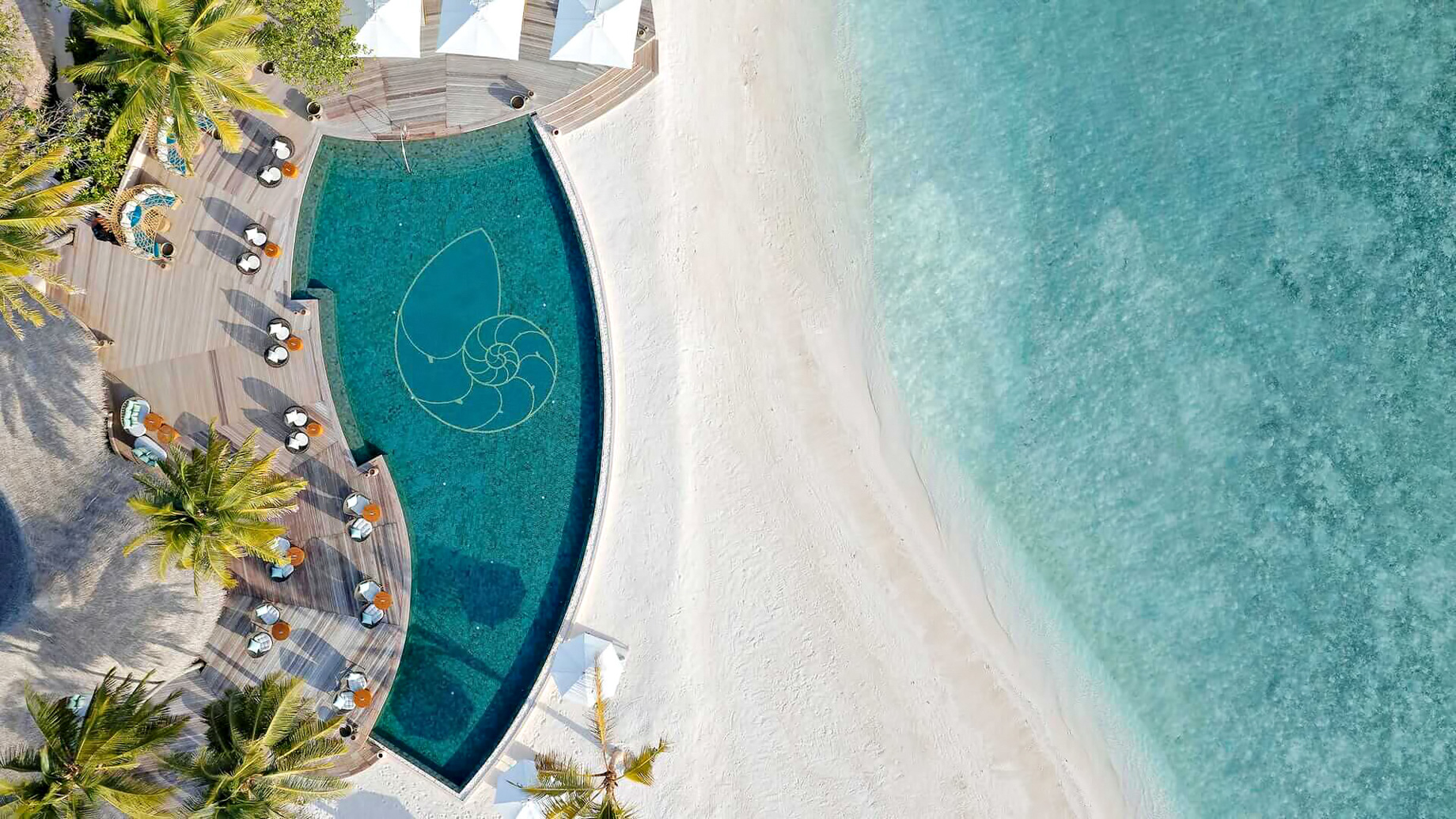 The Nautilus Maldives Resort – Thiladhoo Island, Maldives – Resort Beachfront Pool Aerial